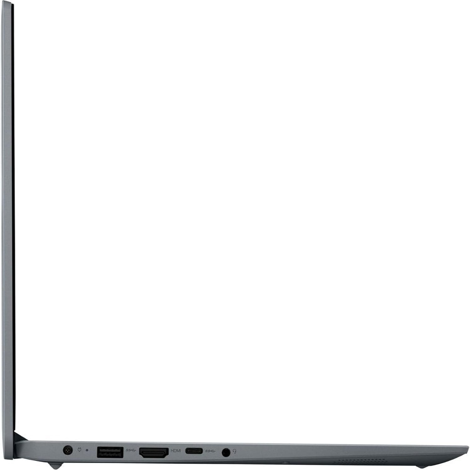Laptop Lenovo gris vista lateral con puertos conectividad