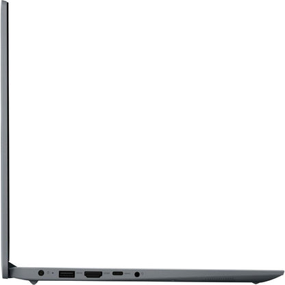 Laptop Lenovo gris vista lateral con puertos conectividad