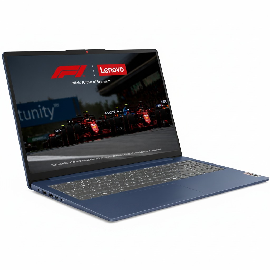 Laptop Lenovo azul frontal, pantalla con logo de F1 y fondo de carrera
