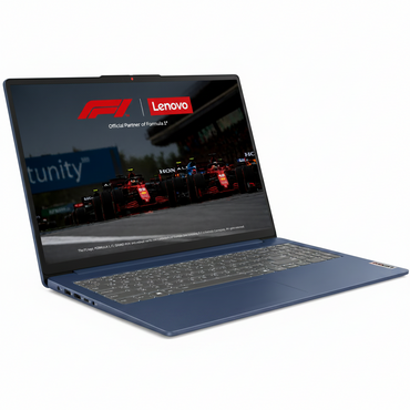 Laptop Lenovo azul frontal, pantalla con logo de F1 y fondo de carrera