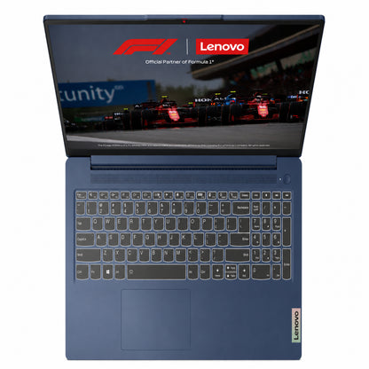 Laptop Lenovo azul vista superior con fondo de Fórmula 1 y teclado iluminado