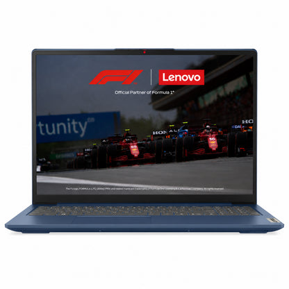 Laptop Lenovo azul, vista frontal con pantalla de Fórmula 1