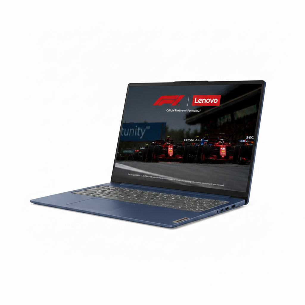 Laptop Lenovo azul, vista lateral con pantalla encendida y fondo de carreras