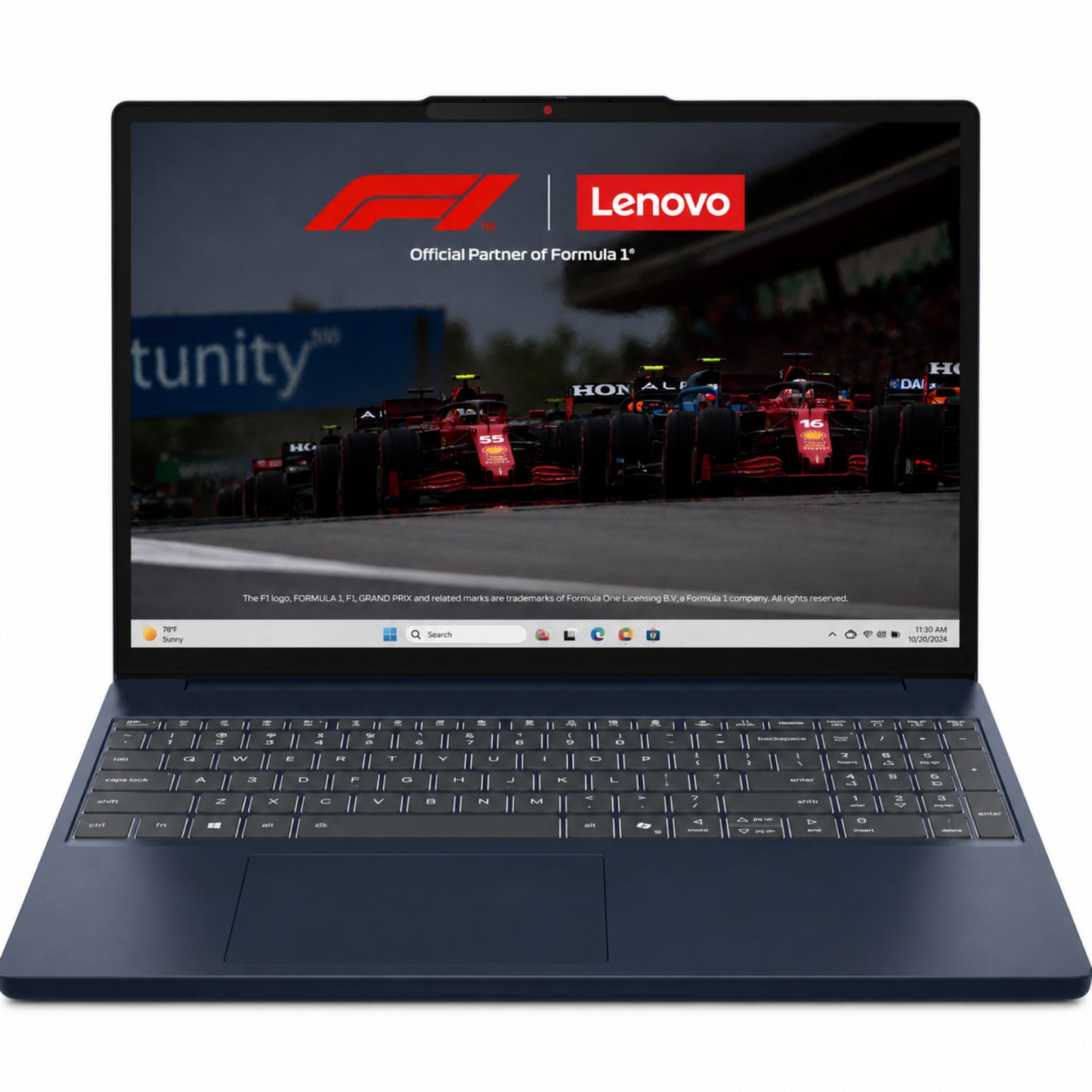 Laptop Lenovo azul, vista frontal, pantalla con logo de Fórmula 1.