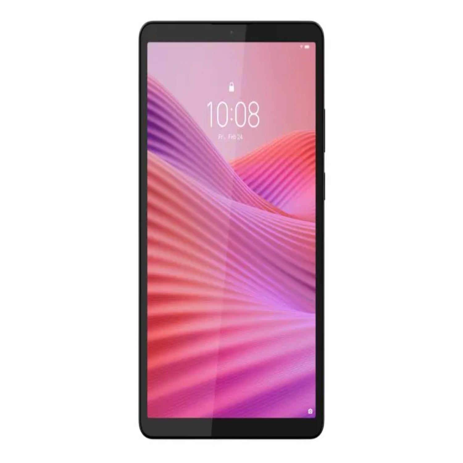 Tableta Lenovo negra, vista frontal con pantalla en colores suaves