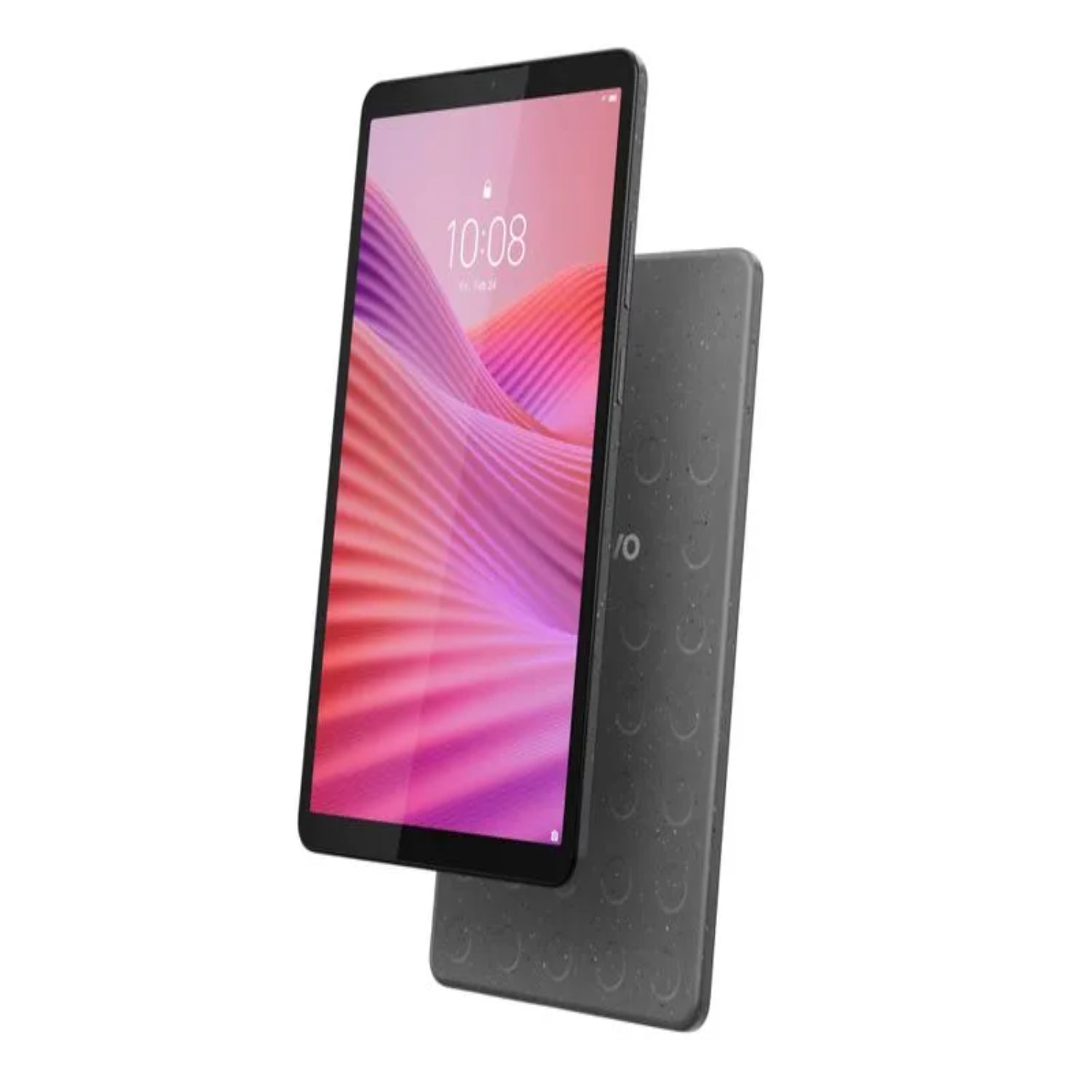Tablet Lenovo negra, vista frontal con pantalla vibrante