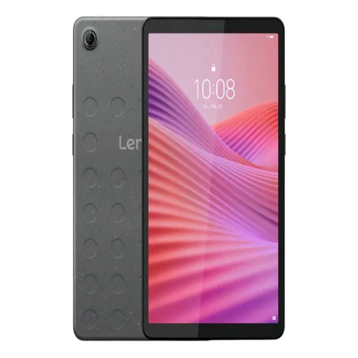 Tablet Lenovo gris, vista frontal y trasera, pantalla clara y diseño moderno