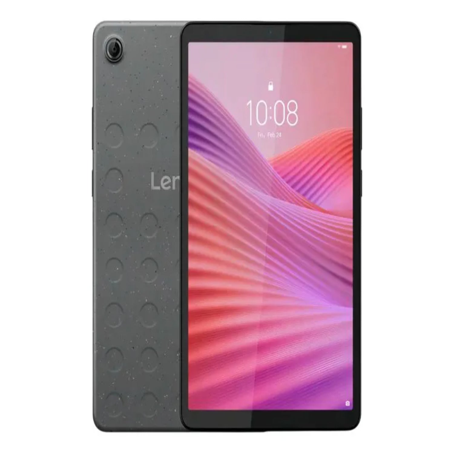 Tablet Lenovo gris, vista frontal y trasera, pantalla clara y diseño moderno