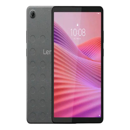 Tablet Lenovo gris, vista frontal y trasera, pantalla clara y diseño moderno