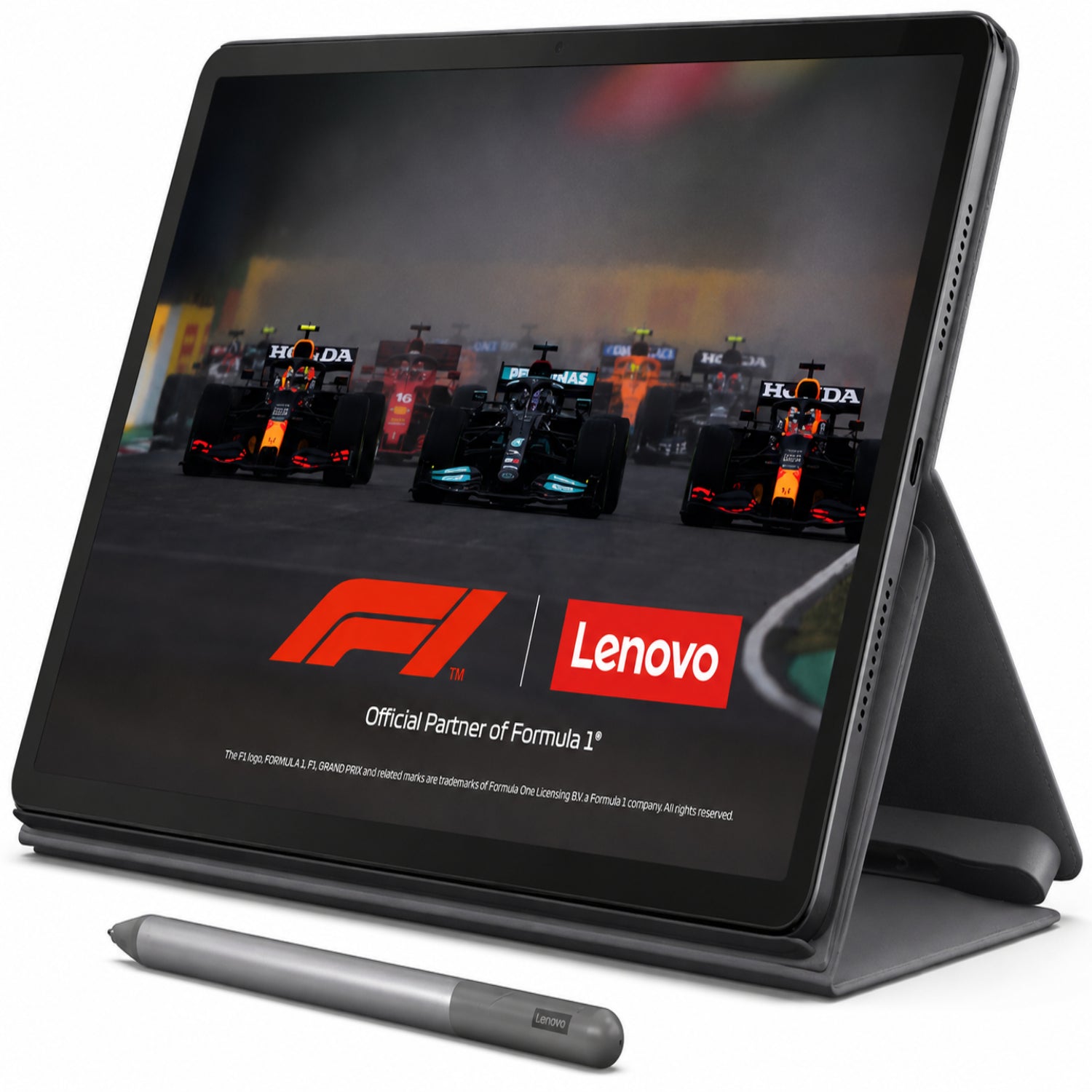 Tablet Lenovo con soporte, pantalla en color oscuro, vista de carreras de Fórmula 1