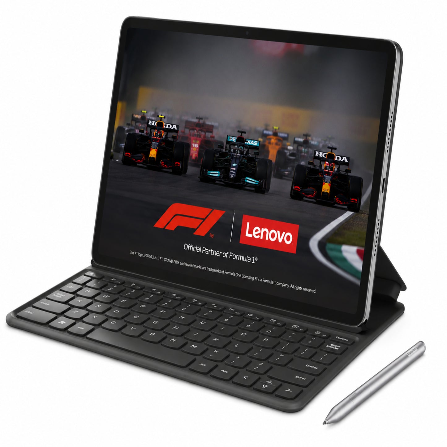 Tablet Lenovo con teclado y stylus, vista frontal, fondo de Fórmula 1