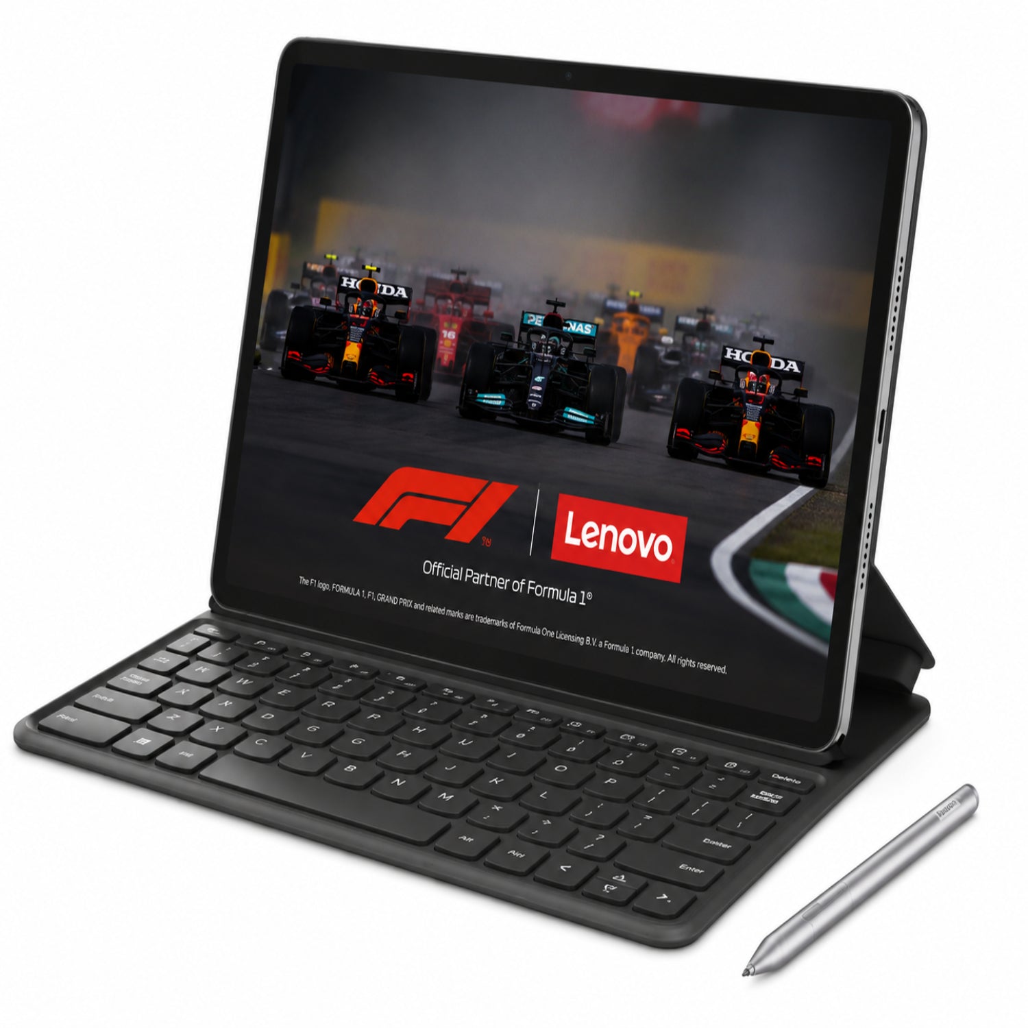 Tablet Lenovo con teclado y stylus, vista frontal, fondo de Fórmula 1