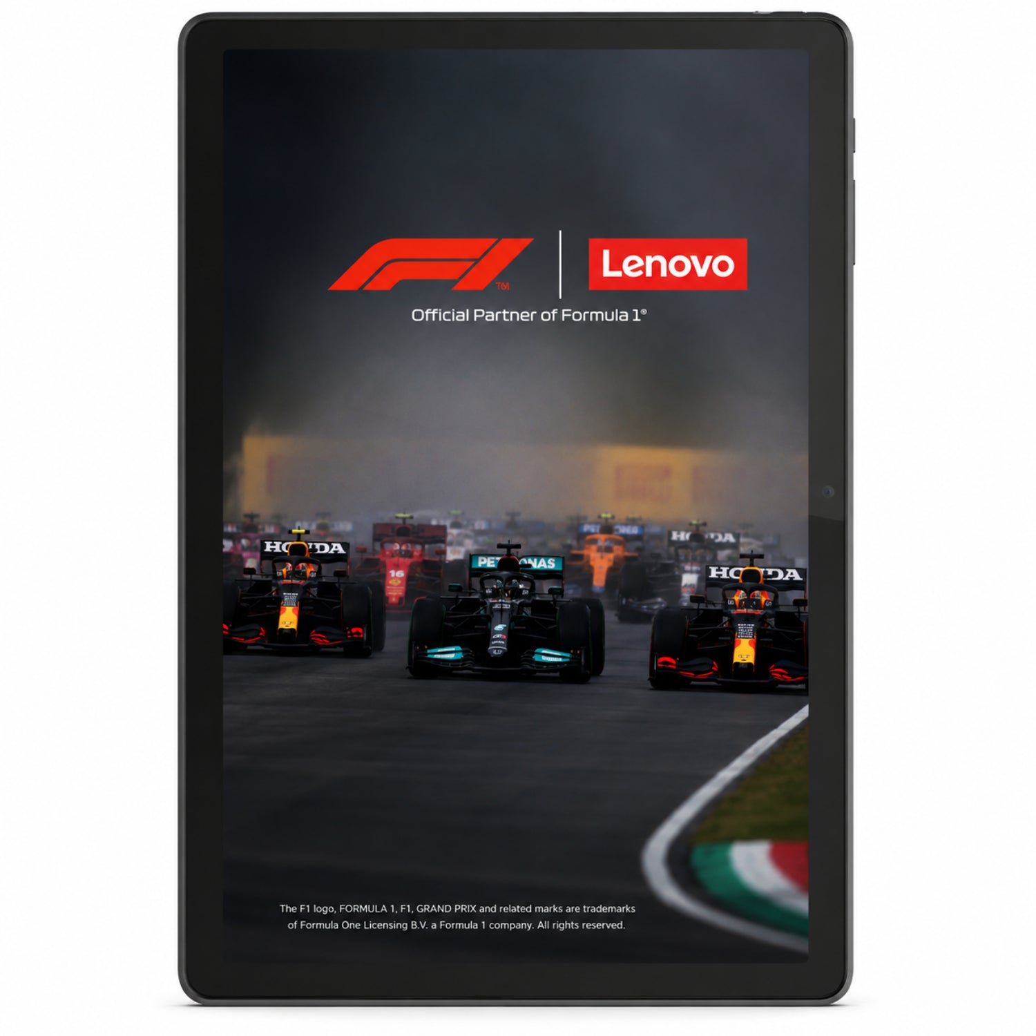 Tablet Lenovo con fondo de Fórmula 1, vista frontal