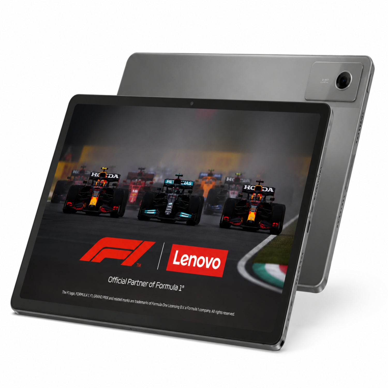 Tablet Lenovo gris frontal, pantalla mostrando coches de Formula 1