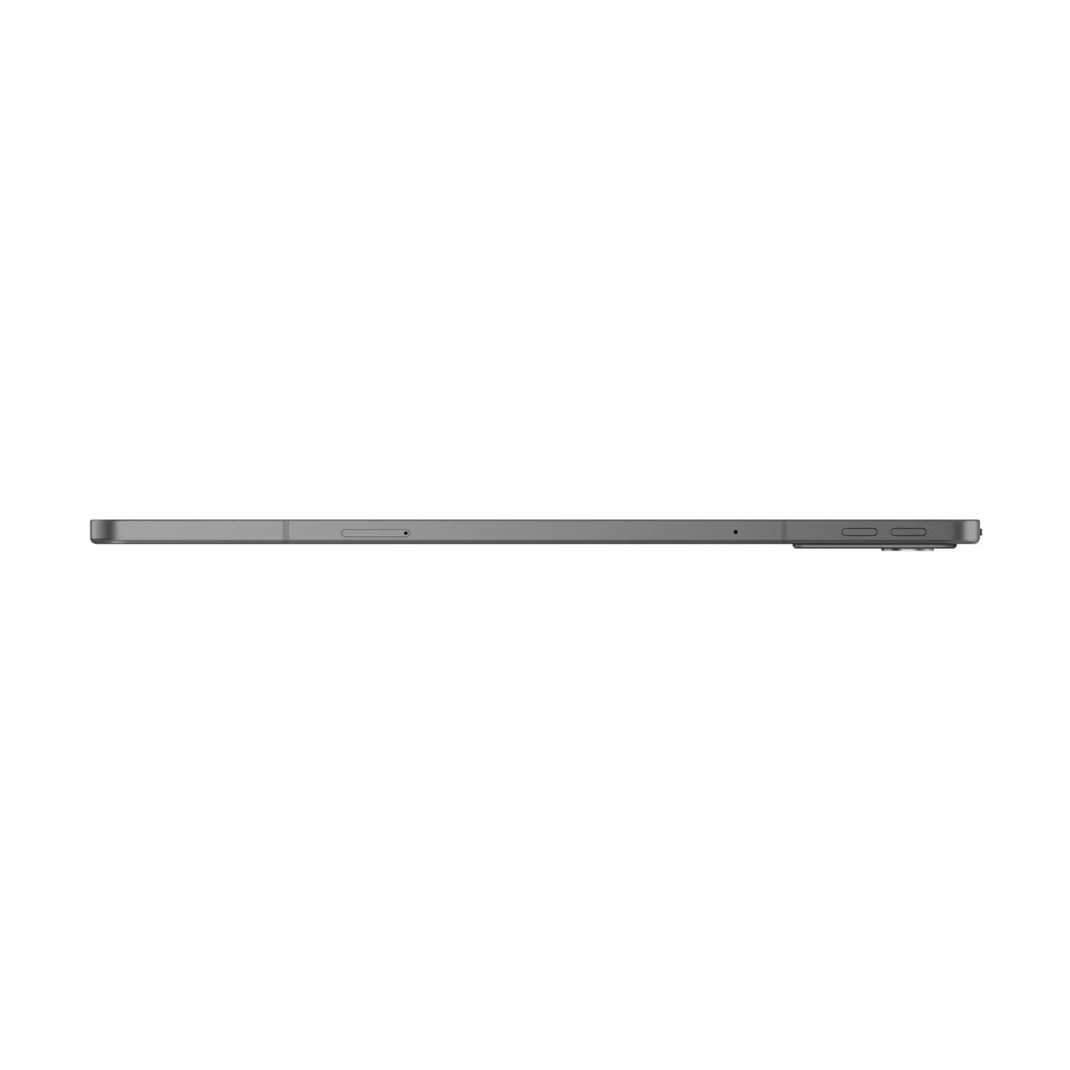 Tablet Lenovo gris, vista lateral mostrando puertos y diseño delgado