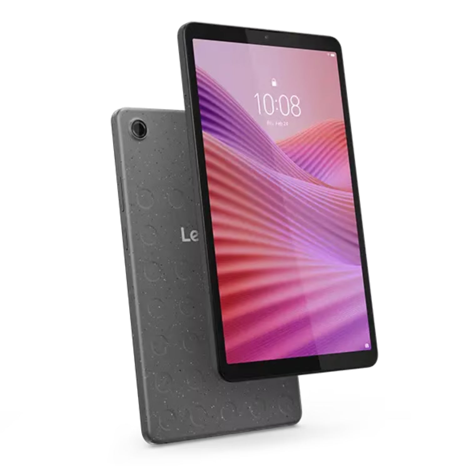 Tablet Lenovo gris, vista frontal y trasera en ambiente moderno