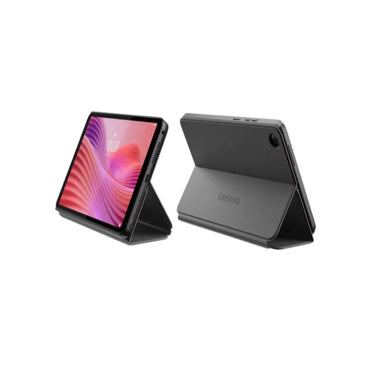 Tablet Lenovo negra, vista trasera y frontal, soporte ajustable