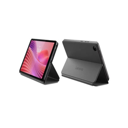 Tablet Lenovo negra, vista trasera y frontal, soporte ajustable