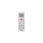 Control remoto blanco para aire acondicionado portátil, vista frontal y diseño ergonómico