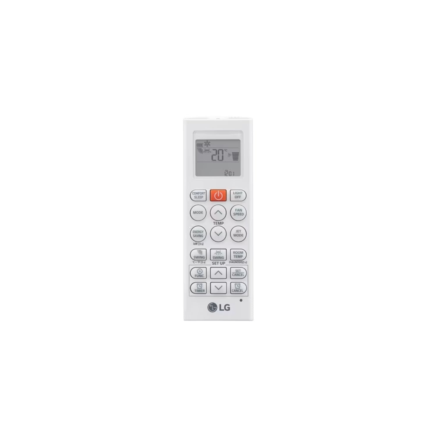 Control remoto blanco para aire acondicionado portátil, vista frontal y diseño ergonómico