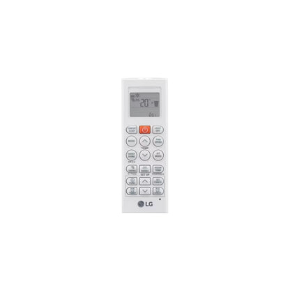 Control remoto blanco para aire acondicionado portátil, vista frontal y diseño ergonómico