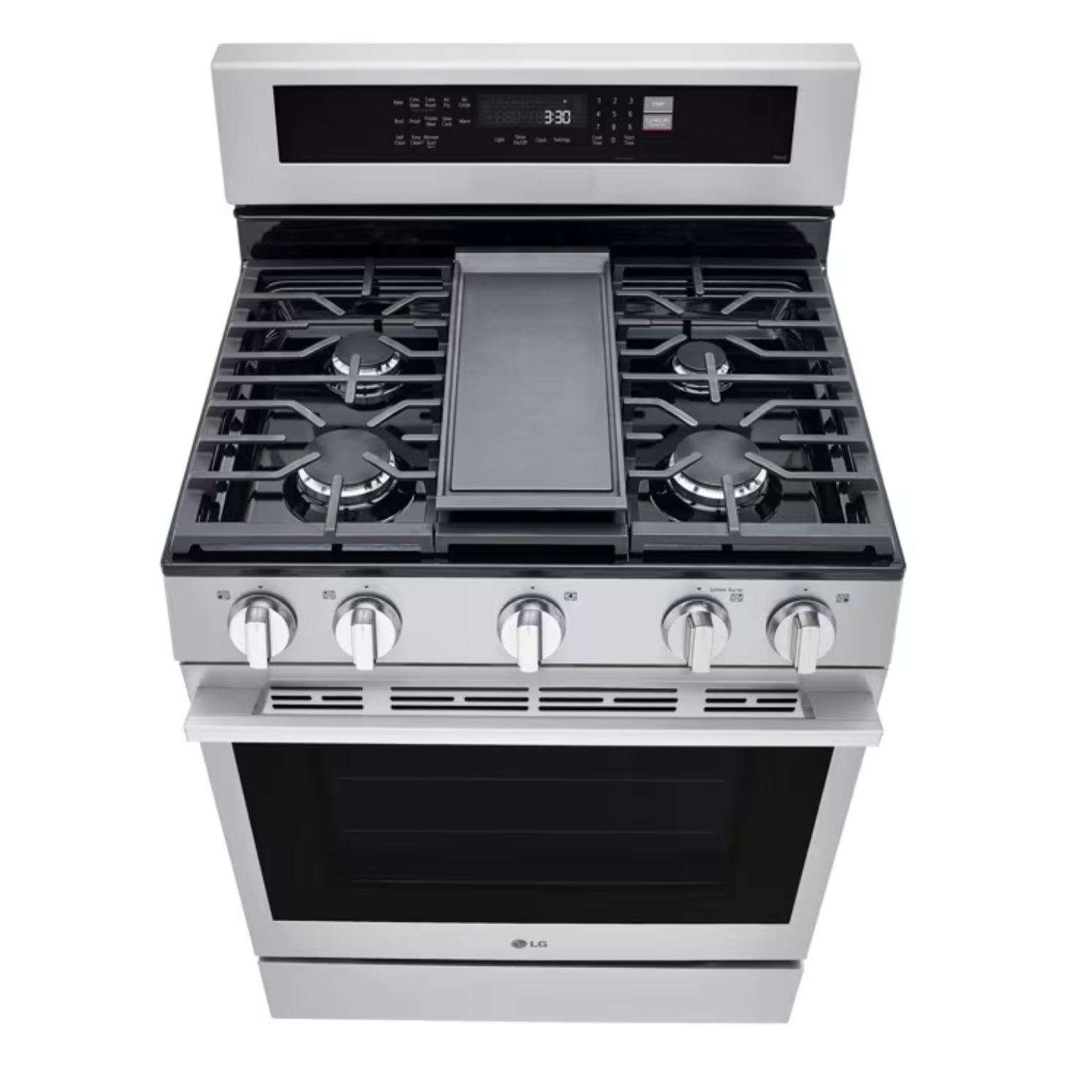 Estufa a gas LG 5 quemadores acero inoxidable con parrilla de hierro fundido y horno espacioso