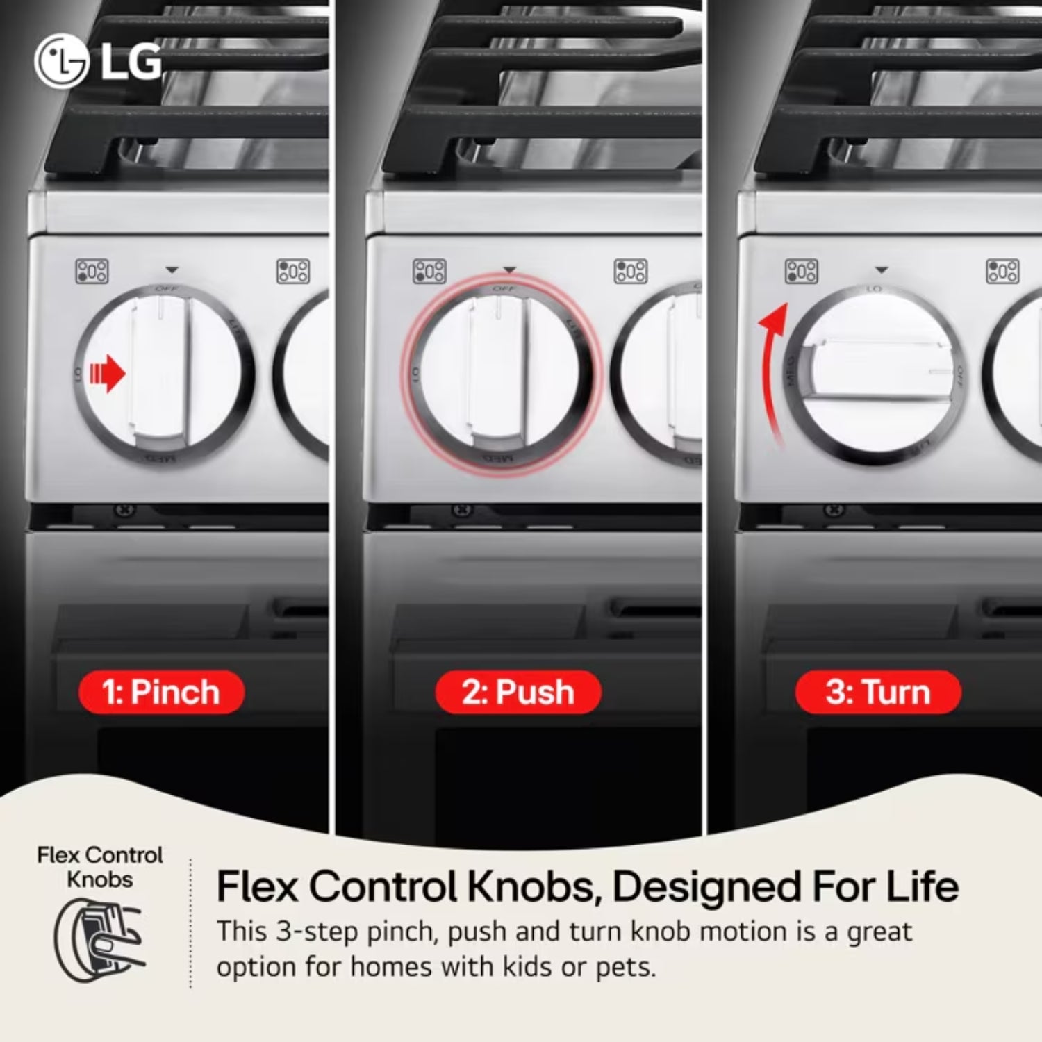 Controles Flex de la estufa a gas LG 5 quemadores acero inoxidable con instrucciones para usar las perillas