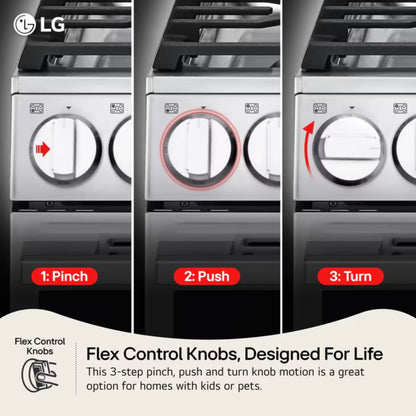 Controles Flex de la estufa a gas LG 5 quemadores acero inoxidable con instrucciones para usar las perillas