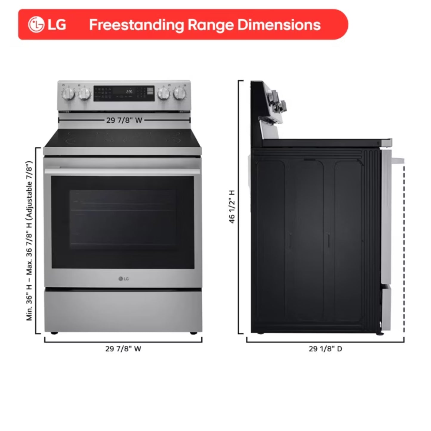 Dimensiones de estufa eléctrica 30 pulgadas LG con diseño moderno y acabado en acero inoxidable