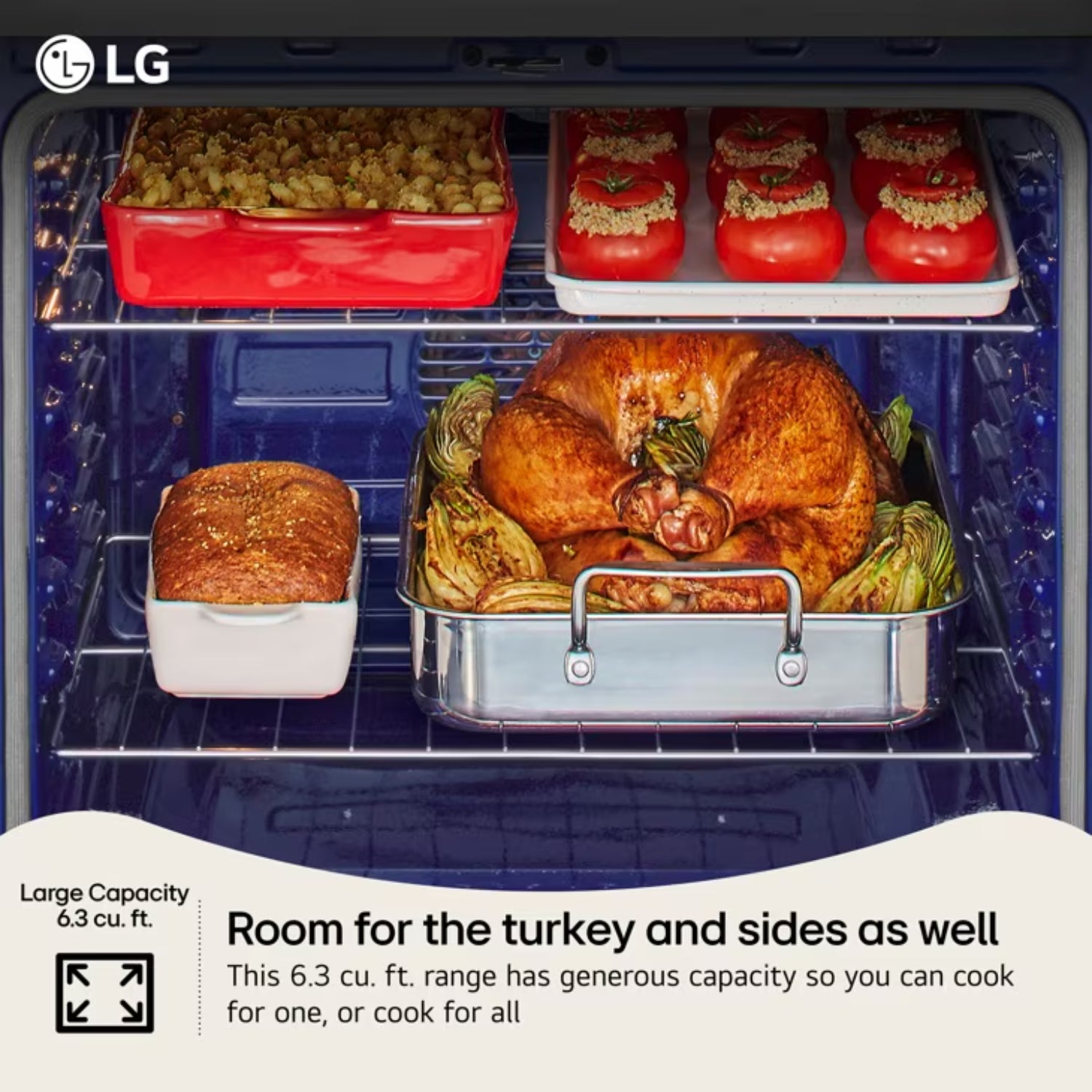 Estufa eléctrica 30 pulgadas LG con capacidad de 6.3 pies cúbicos ideal para cocinar pavo y guarniciones