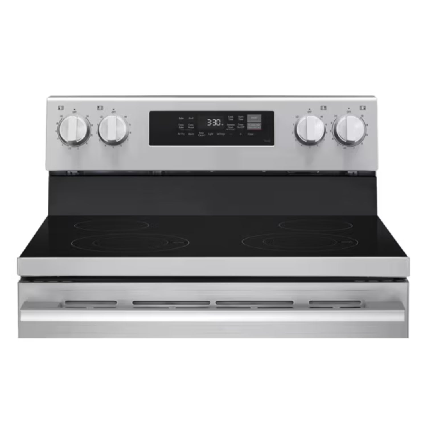 estufa eléctrica LG de acero inoxidable vista frontal en cocina moderna