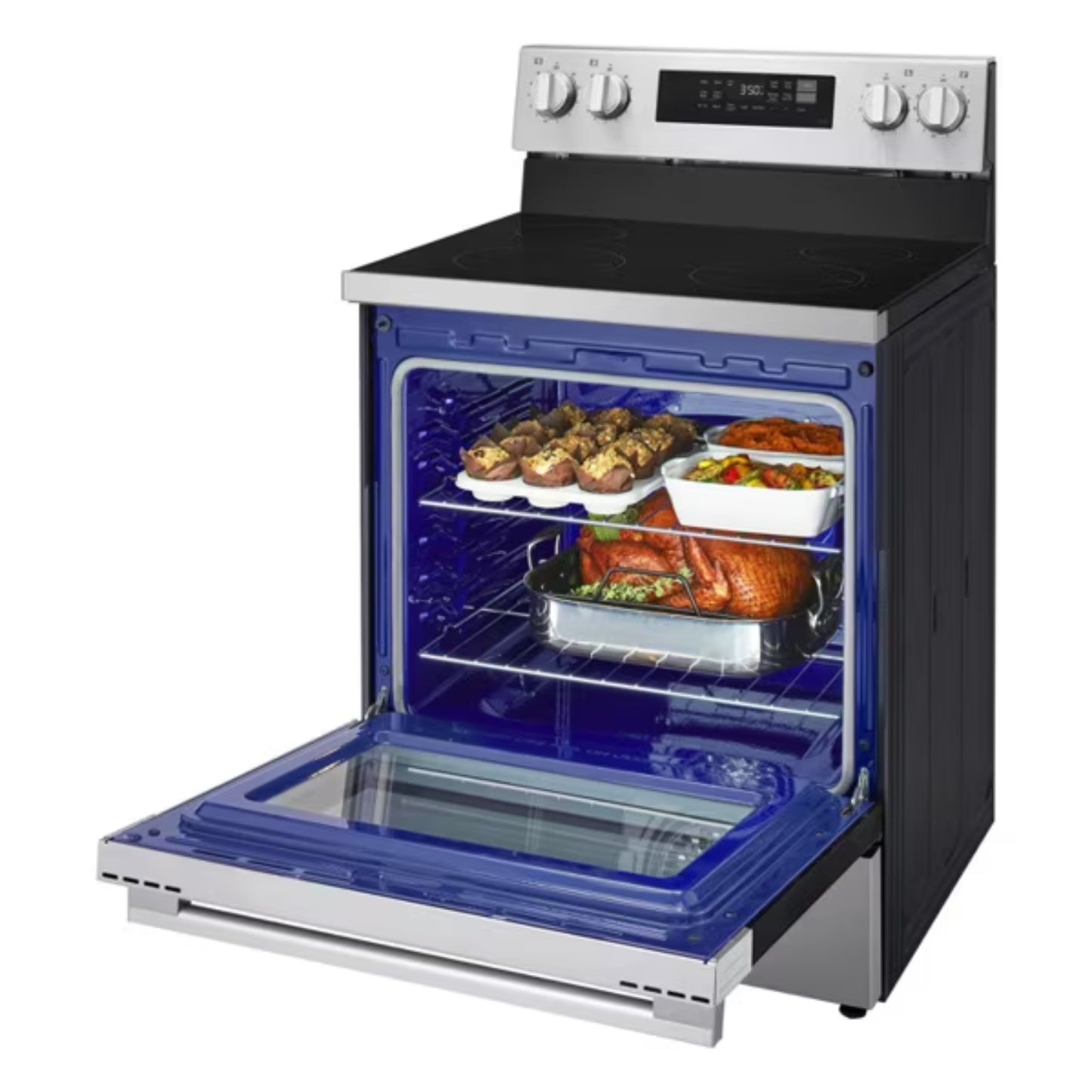 Estufa eléctrica LG, vista frontal con comida asada en el interior