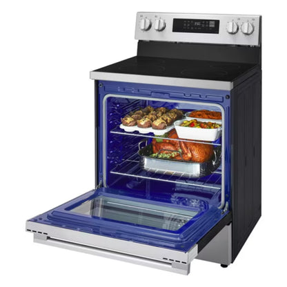 Estufa eléctrica LG, vista frontal con comida asada en el interior