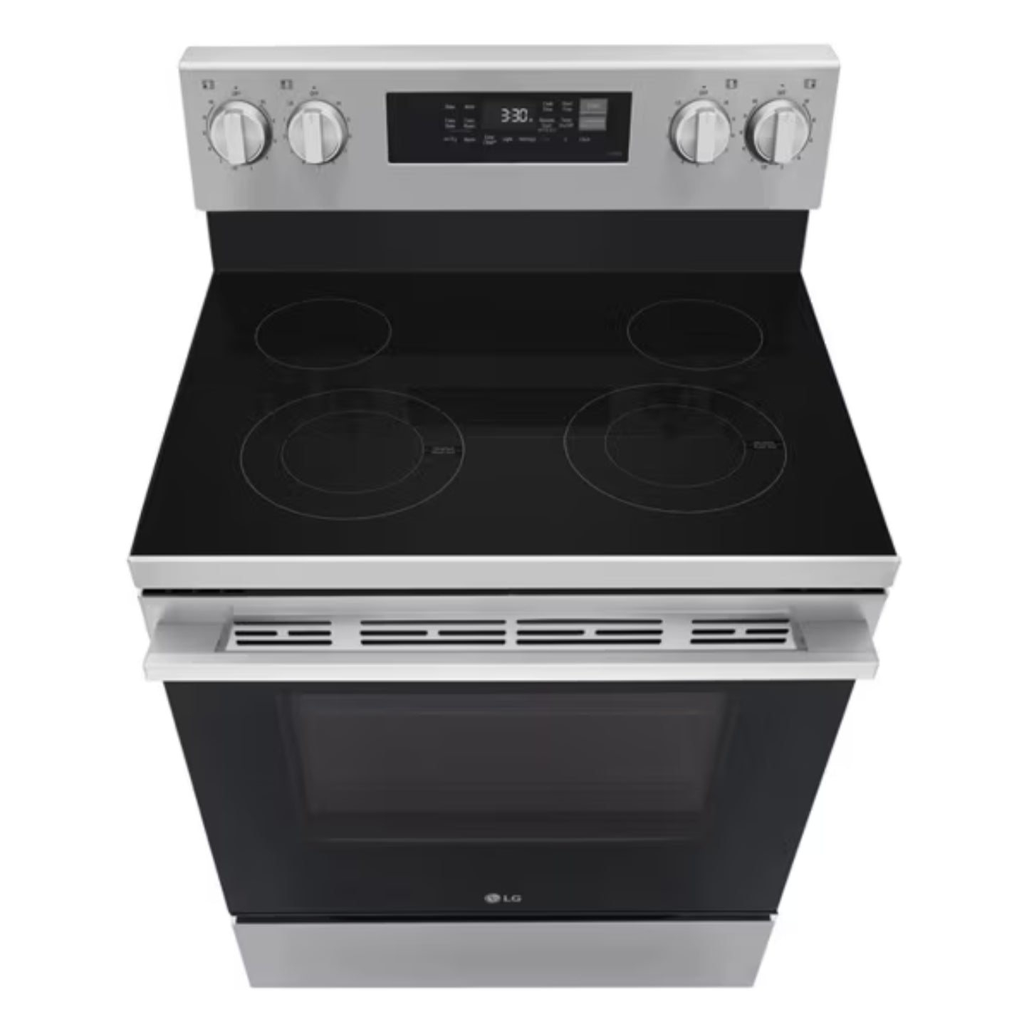 Estufa eléctrica LG de color negro y acero inoxidable, vista superior, ideal para cocina moderna