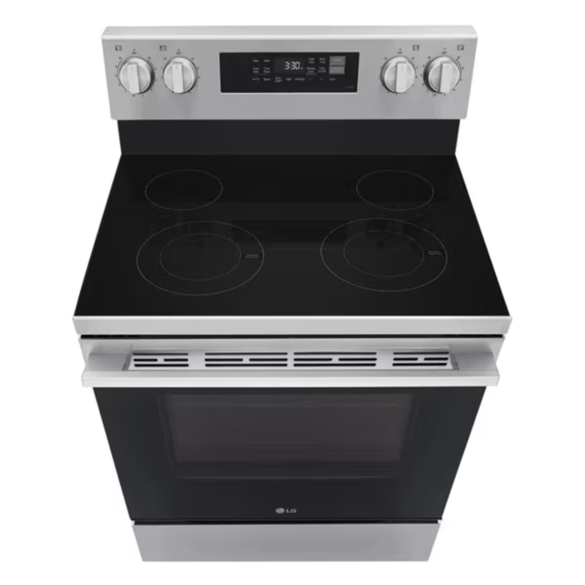 Estufa eléctrica LG de color negro y acero inoxidable, vista superior, ideal para cocina moderna