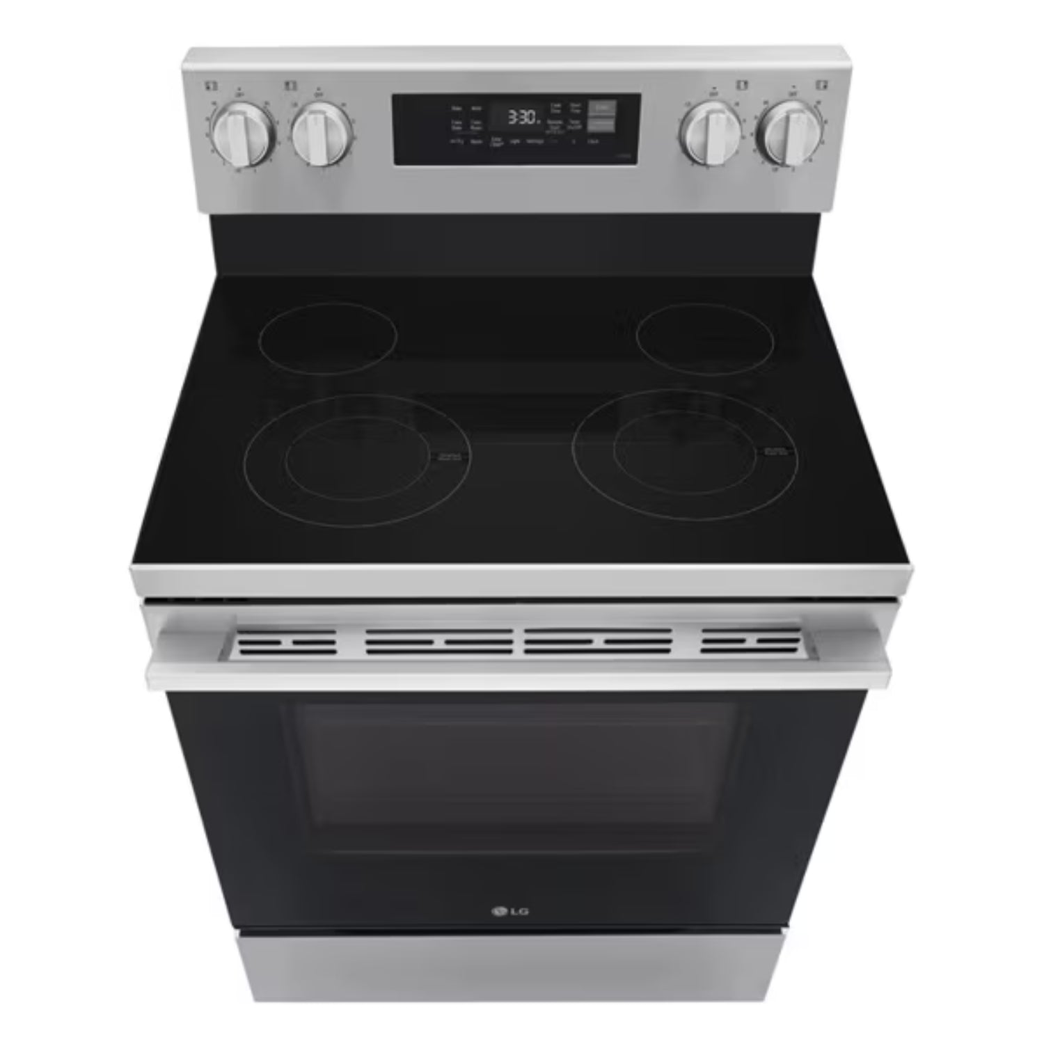 Estufa eléctrica LG de color negro y acero inoxidable, vista superior, ideal para cocina moderna