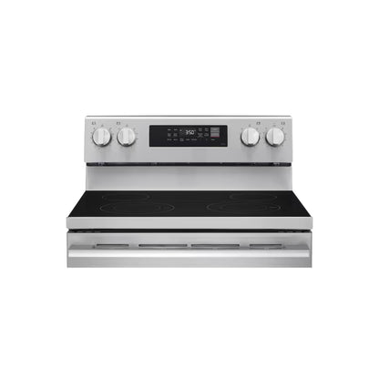 Estufa LG de acero inoxidable con superficie de vidrio y mandos frontales