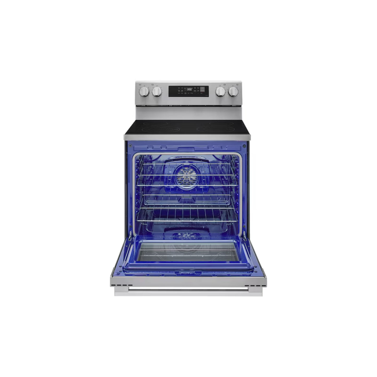 Estufa LG frontal con horno azul y bandejas interiores visibles