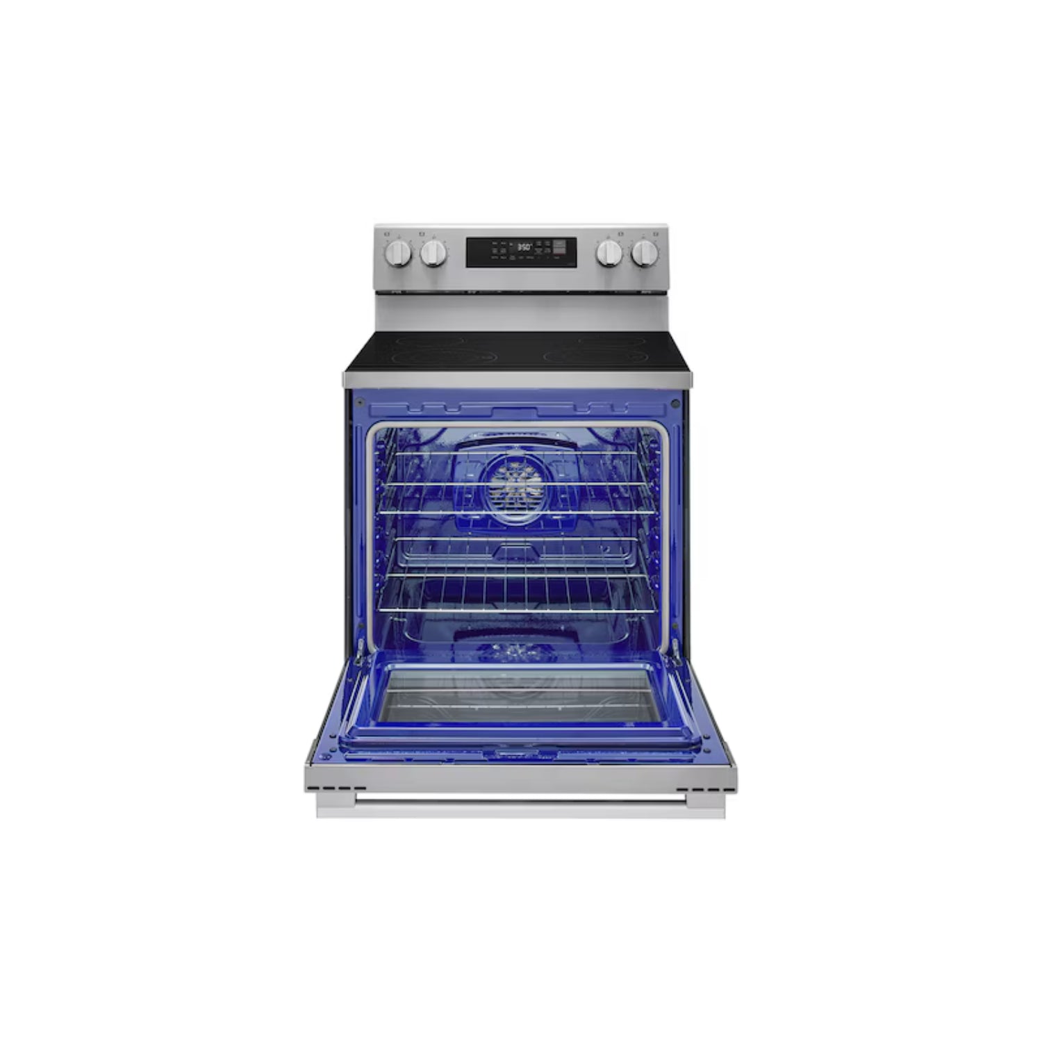 Estufa LG frontal con horno azul y bandejas interiores visibles