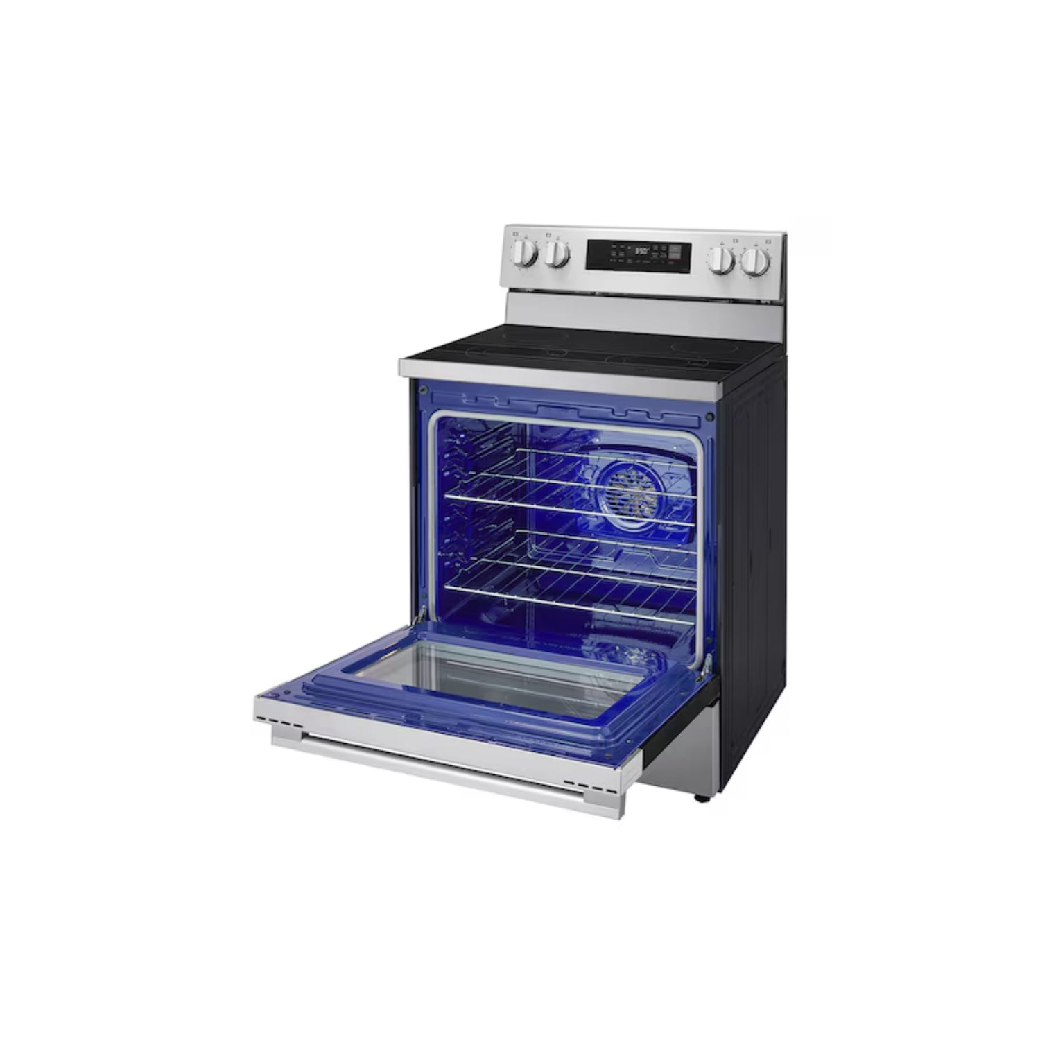 Estufa LG negra con horno de vidrio azul, vista frontal y abierta