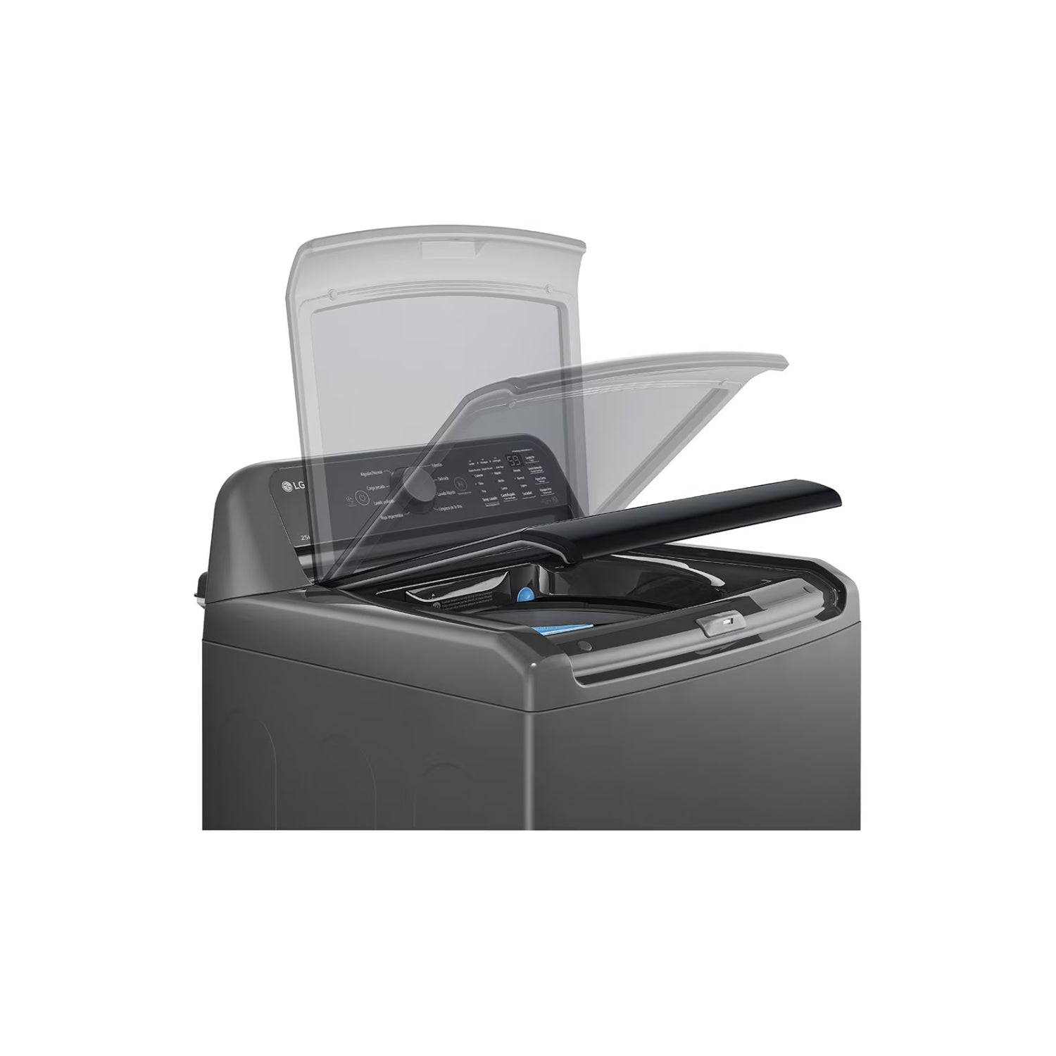 Lavadora 25 kg smart inverter LG con diseño gris y tapa superior transparente