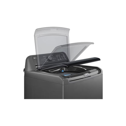 Lavadora 25 kg smart inverter LG con diseño gris y tapa superior transparente