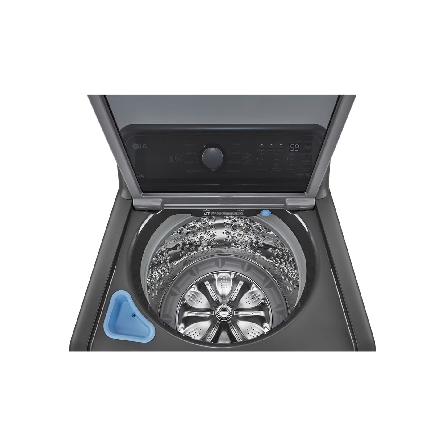 Lavadora 25 kg smart inverter LG de carga superior con diseño moderno y tambor de acero inoxidable