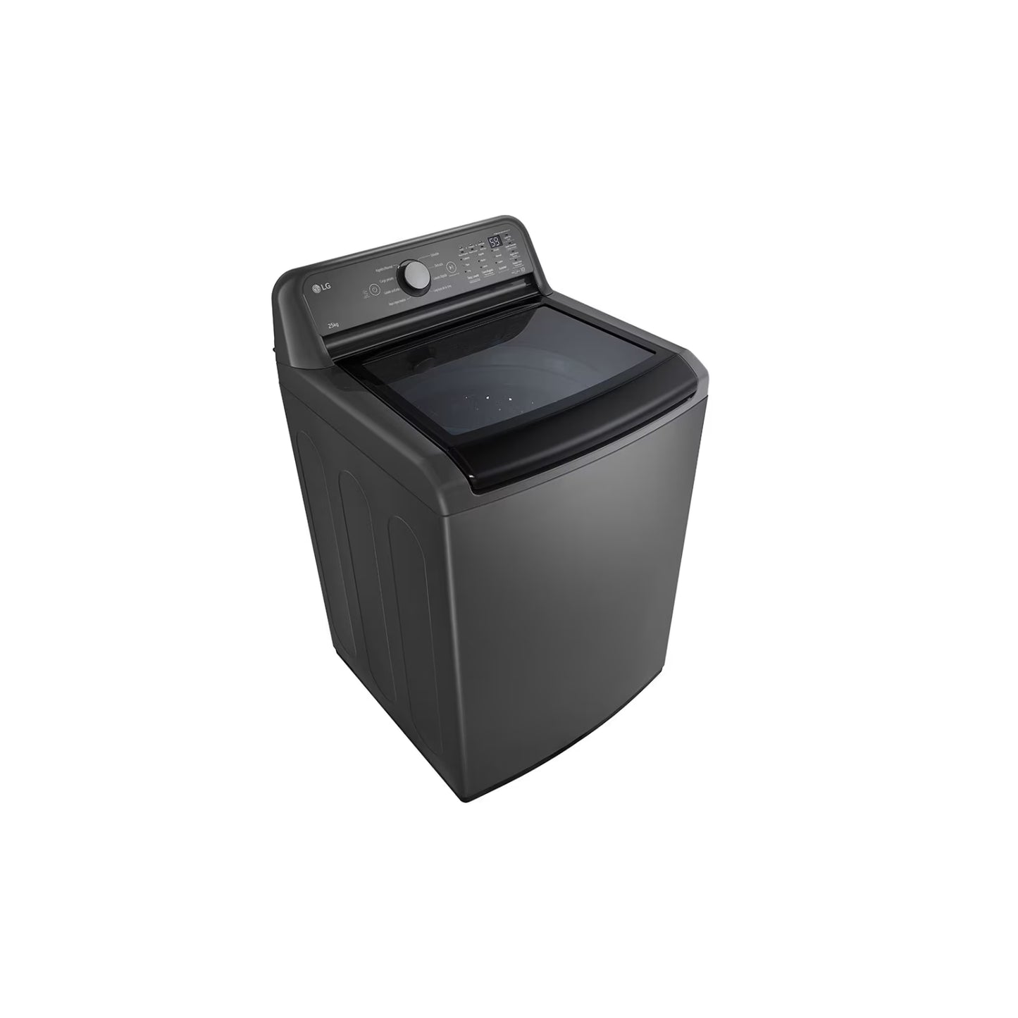 Lavadora 25 kg smart inverter LG en color gris oscuro con diseño moderno y tapa transparente