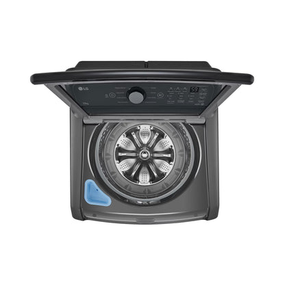 Lavadora 25 kg smart inverter LG con tapa superior abierta y tambor de acero inoxidable