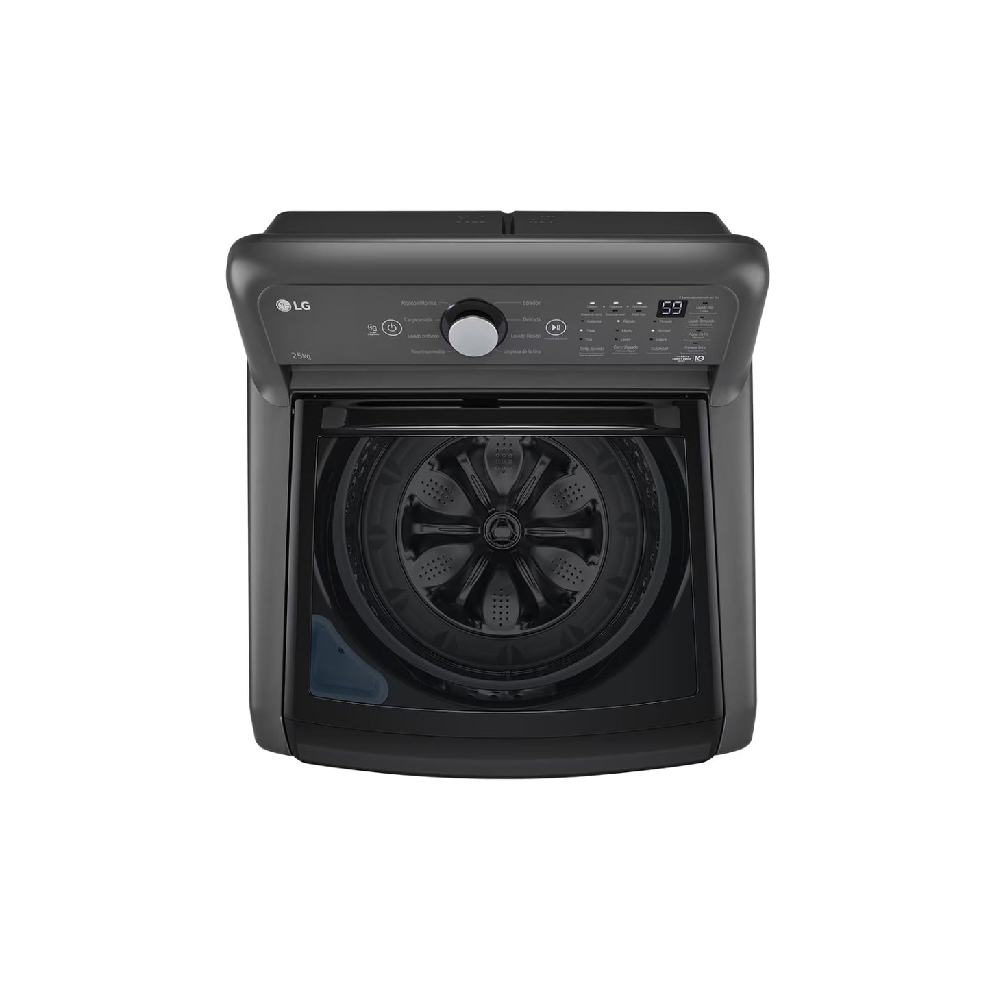 Lavadora 25 kg smart inverter LG de carga superior en color negro con control digital