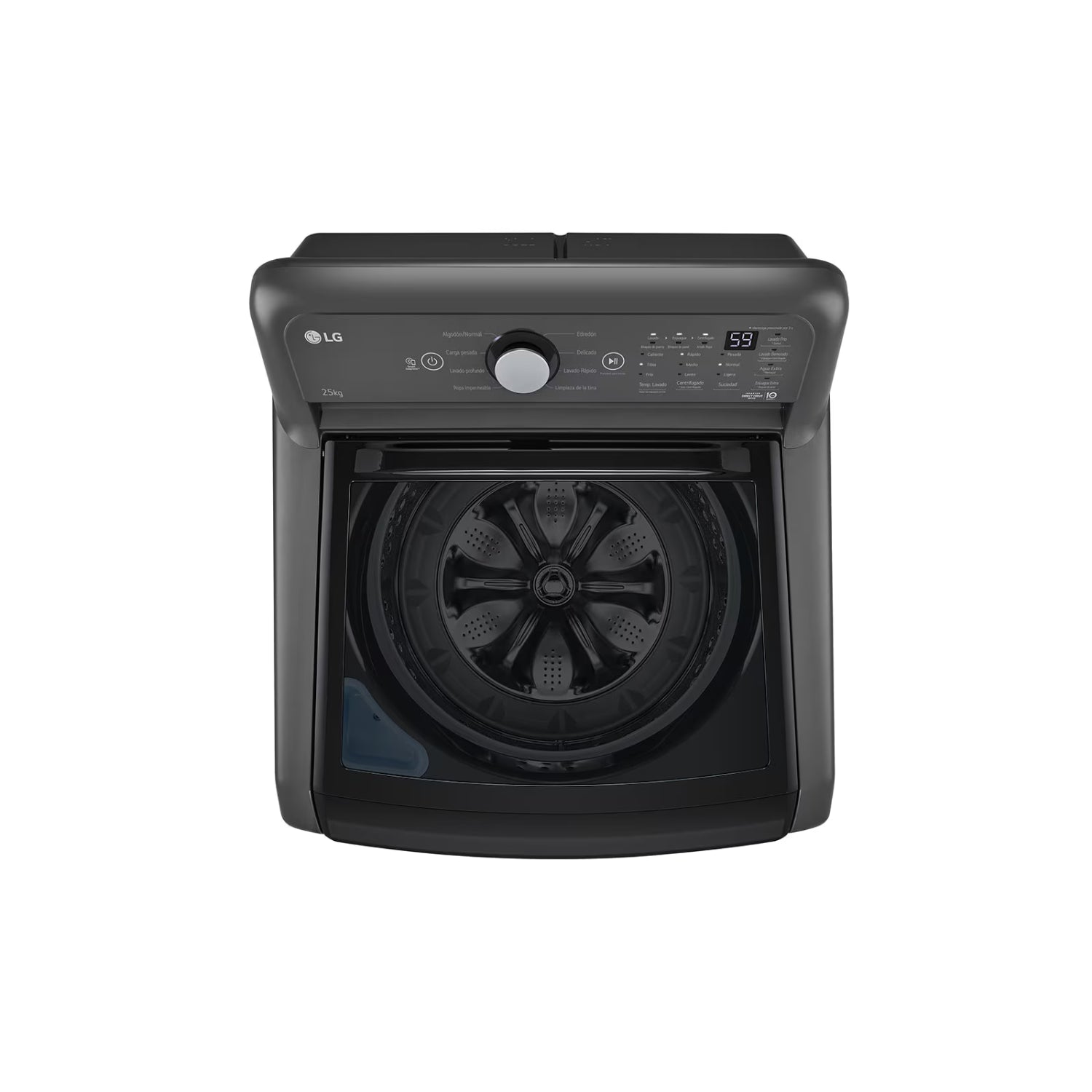Lavadora 25 kg smart inverter LG de carga superior en color negro con control digital