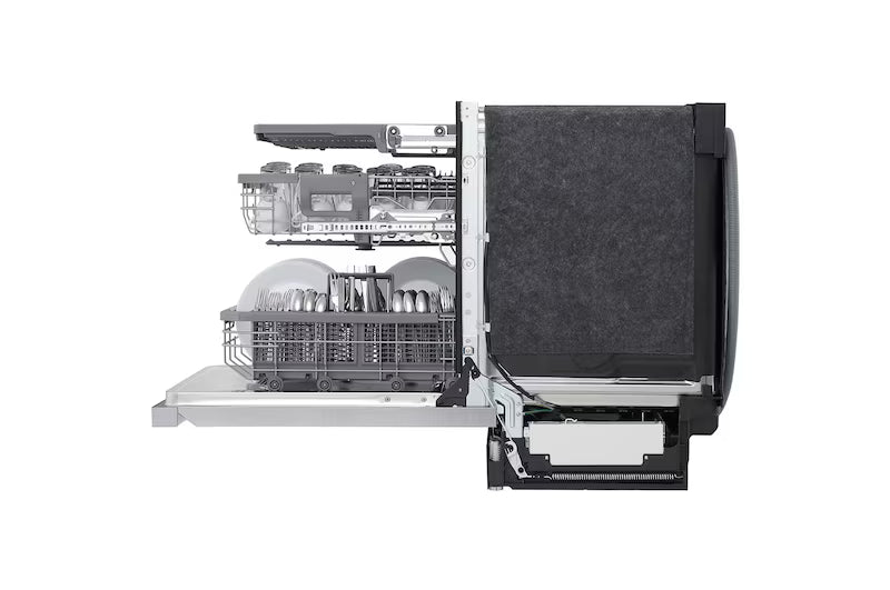 Lavaplatos LG gris lateral con platos limpios y cestos organizados.