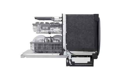 Lavaplatos LG gris lateral con platos limpios y cestos organizados.