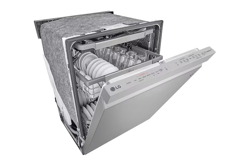 Lavaplatos LG inoxidable, vista frontal, utensilios limpios y organizados
